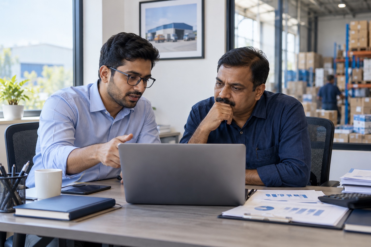 A financial consultant and manufacturing business owner reviewing figures together