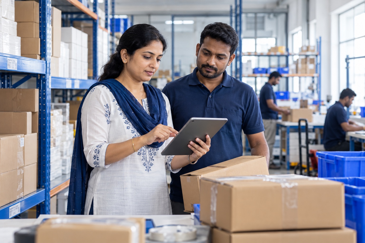 An SME owner and team member checking an order on a tablet in a warehouse